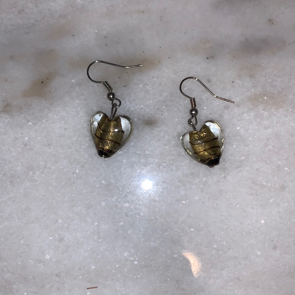 Olive green glass heart shaped dangle earrings